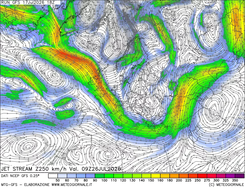 mappa 250 hPa Jet stream