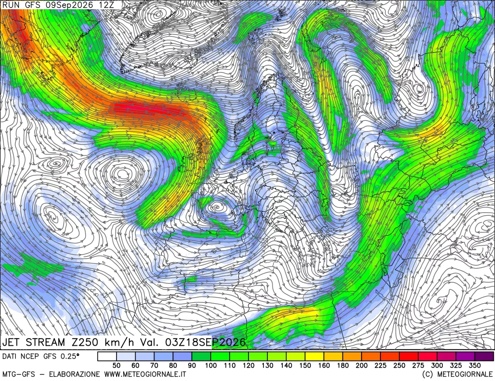mappa 250 hPa Jet stream