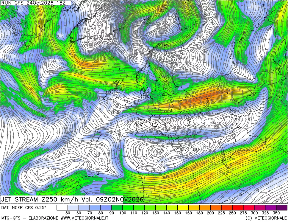 mappa 250 hPa Jet stream