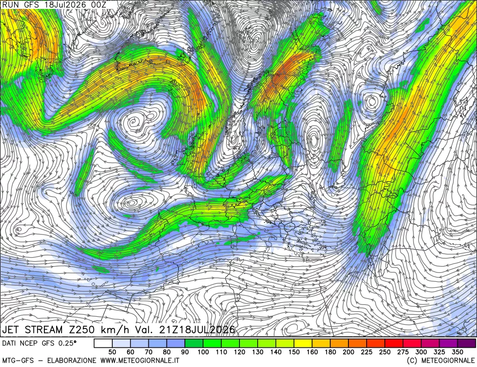 mappa 250 hPa Jet stream