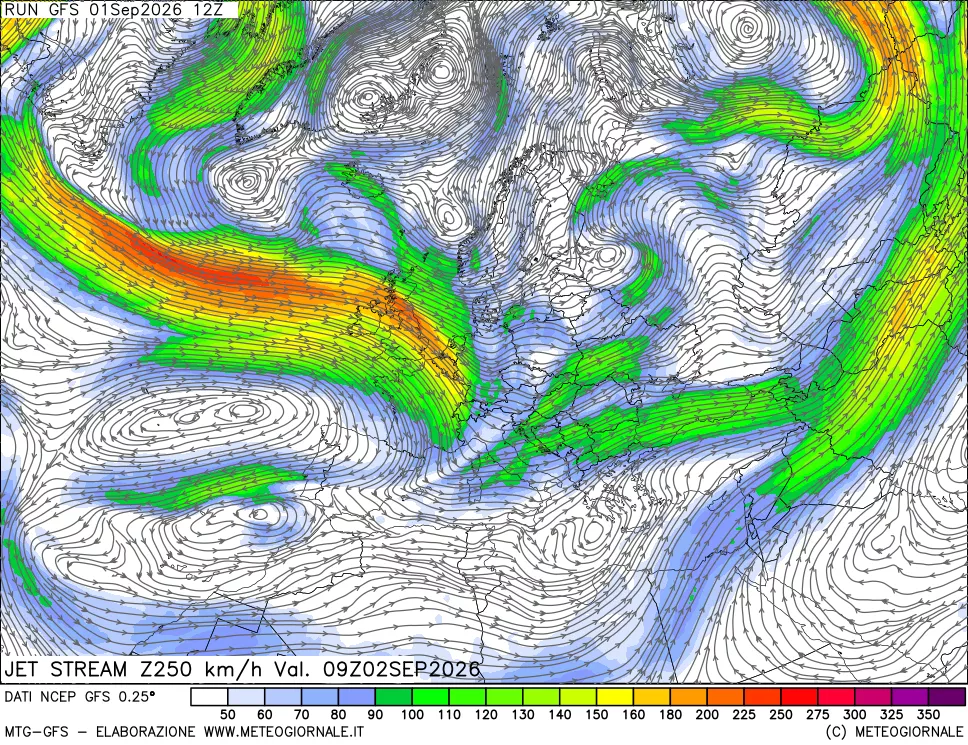 mappa 250 hPa Jet stream