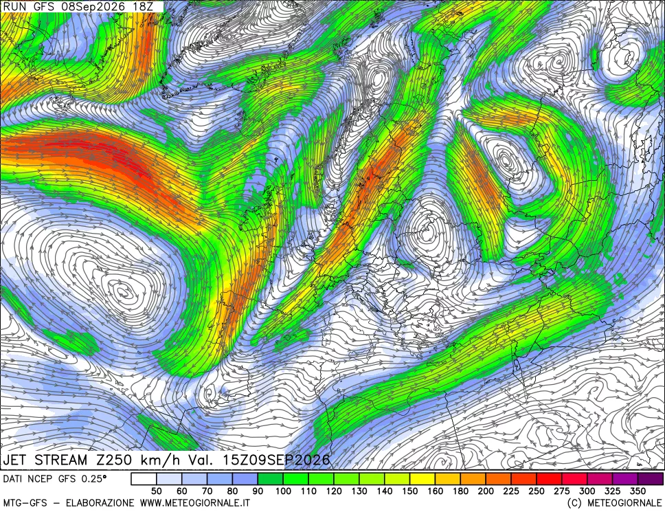 mappa 250 hPa Jet stream