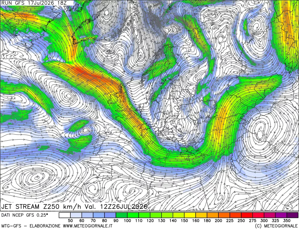 mappa 250 hPa Jet stream
