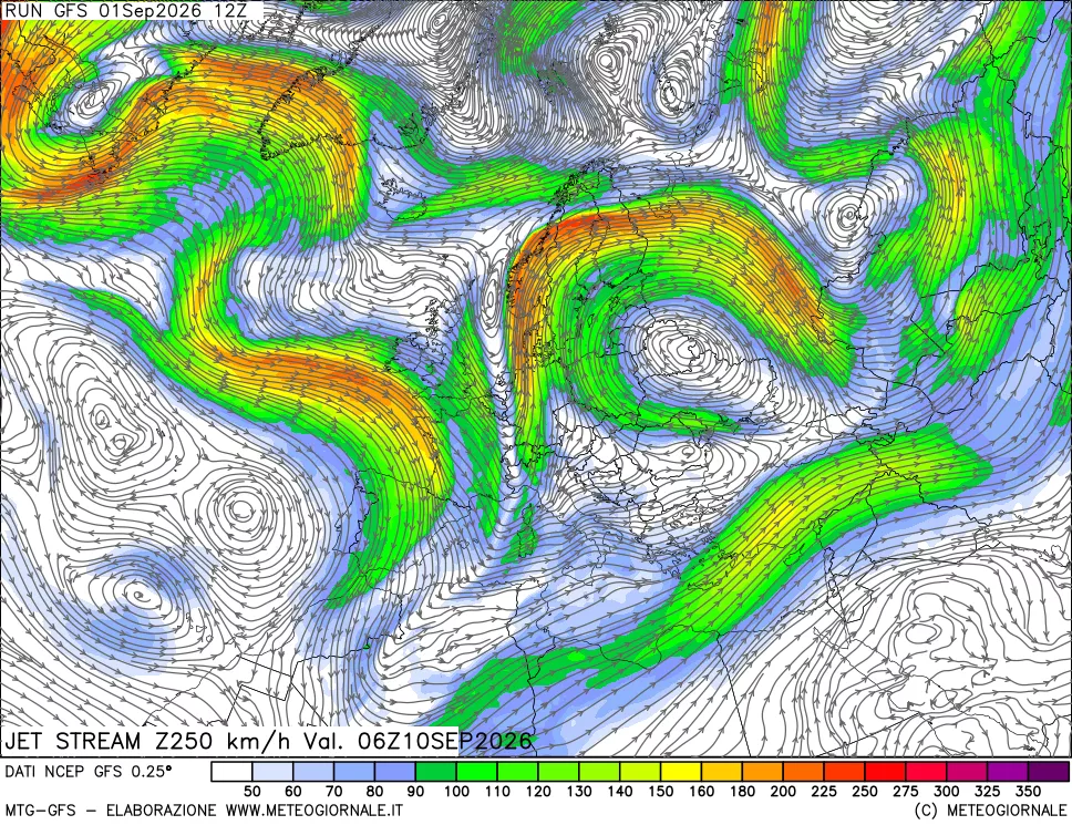 mappa 250 hPa Jet stream