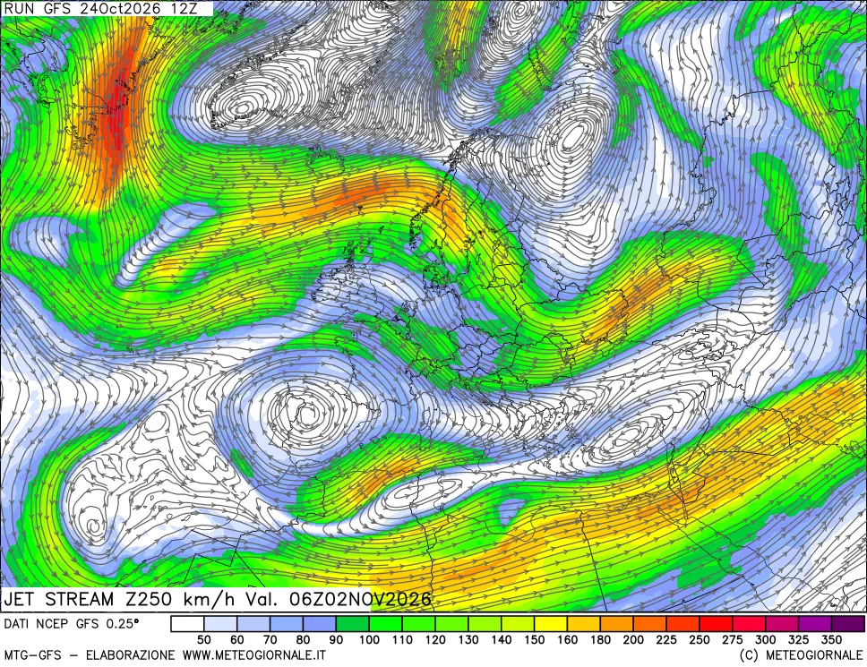 mappa 250 hPa Jet stream