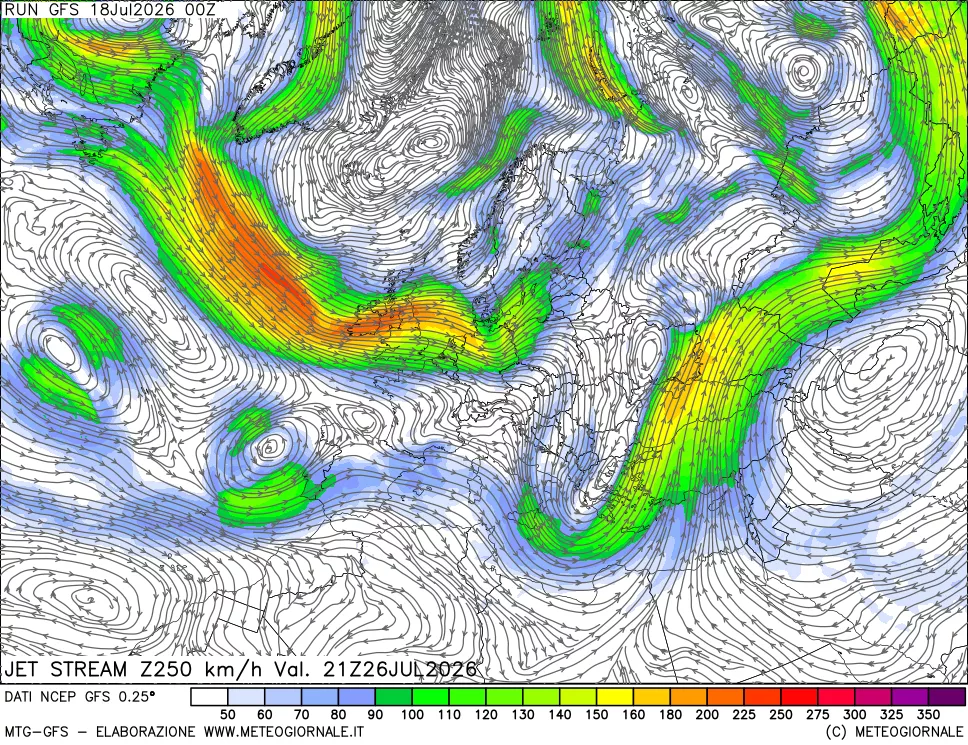 mappa 250 hPa Jet stream