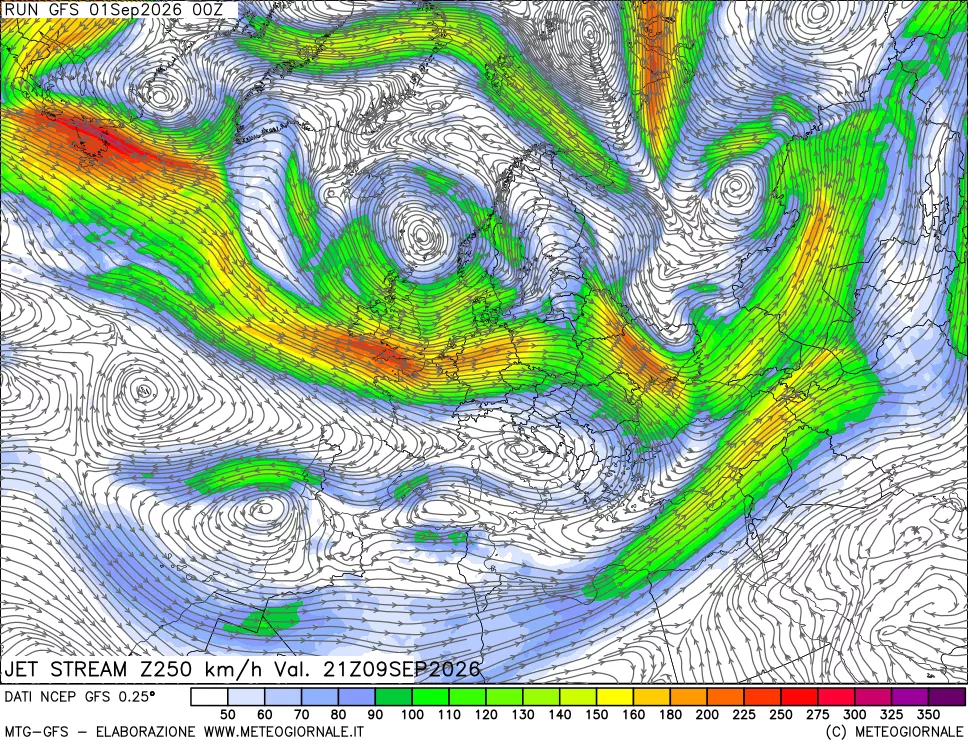 mappa 250 hPa Jet stream