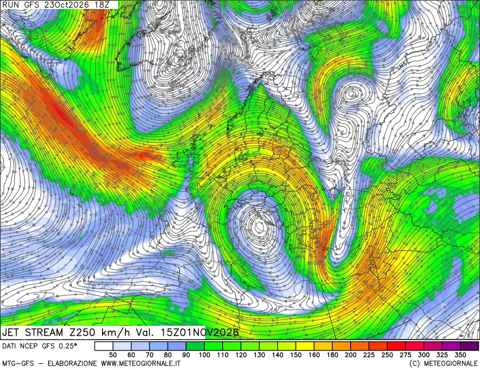 mappa 250 hPa Jet stream