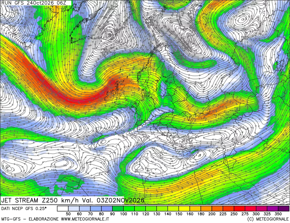 mappa 250 hPa Jet stream