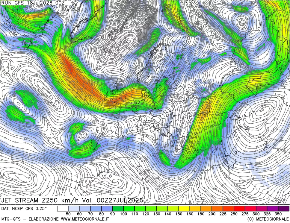 mappa 250 hPa Jet stream
