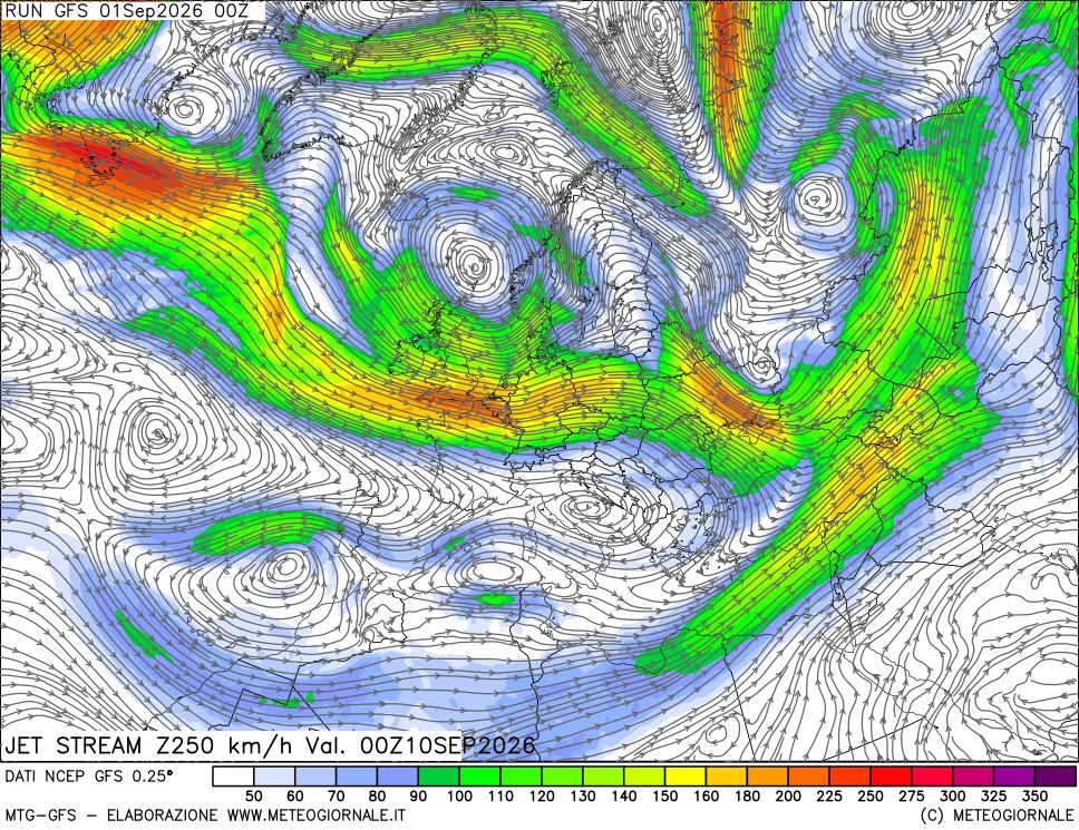 mappa 250 hPa Jet stream