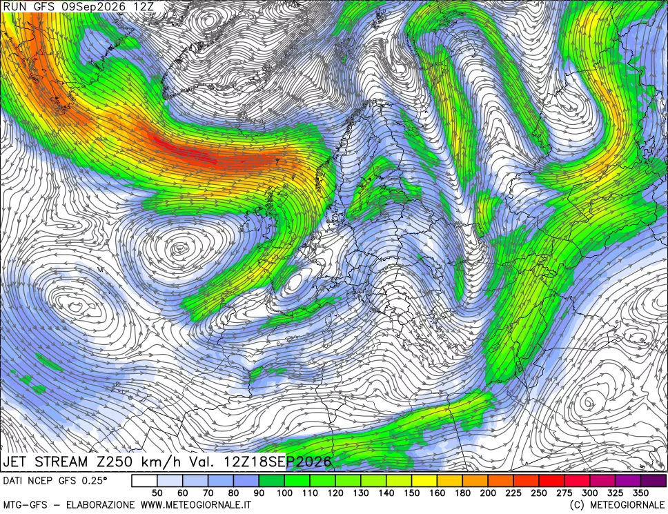 mappa 250 hPa Jet stream