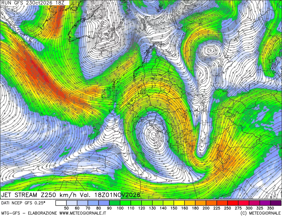 mappa 250 hPa Jet stream