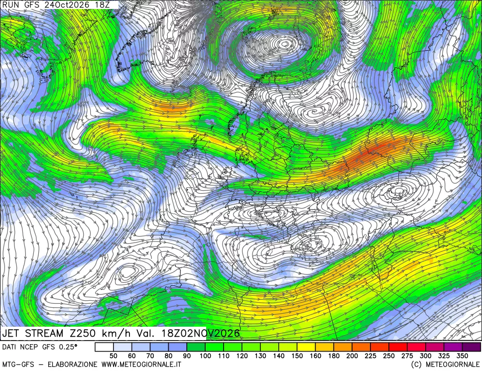 mappa 250 hPa Jet stream