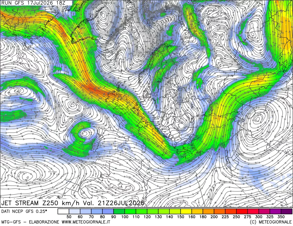 mappa 250 hPa Jet stream