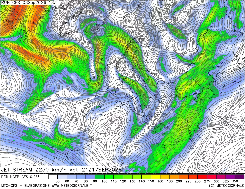 mappa 250 hPa Jet stream