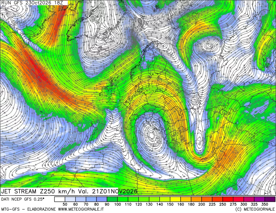 mappa 250 hPa Jet stream