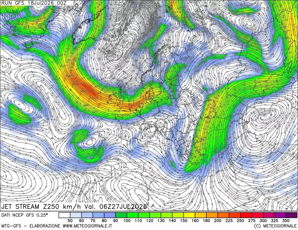 mappa 250 hPa Jet stream