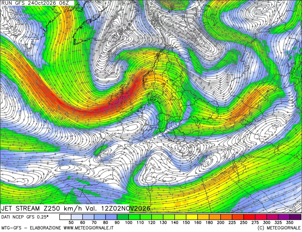 mappa 250 hPa Jet stream