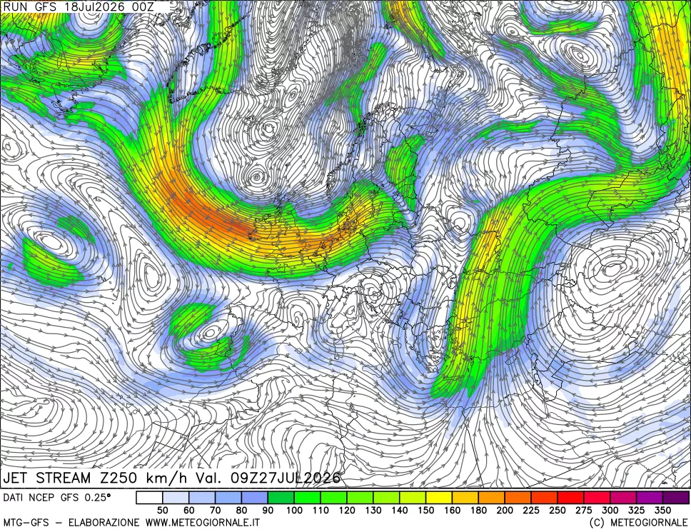 mappa 250 hPa Jet stream