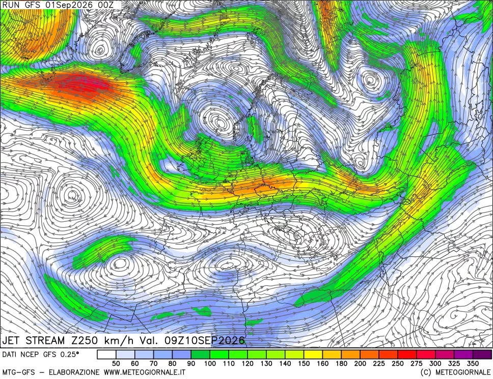 mappa 250 hPa Jet stream