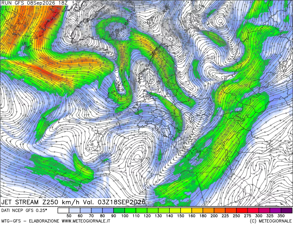 mappa 250 hPa Jet stream