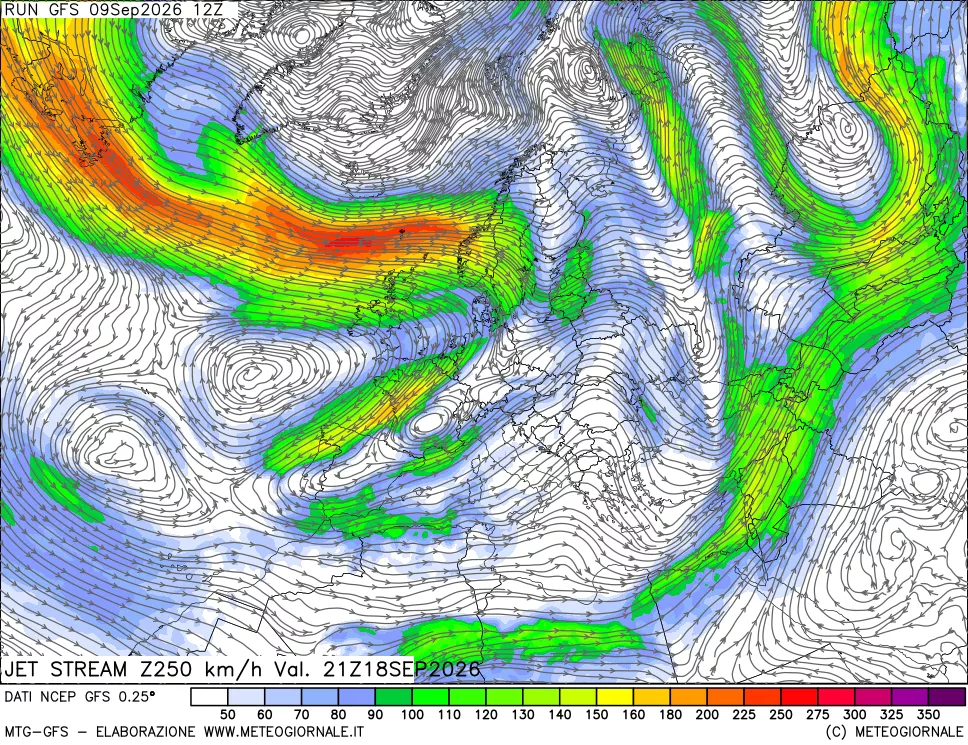 mappa 250 hPa Jet stream