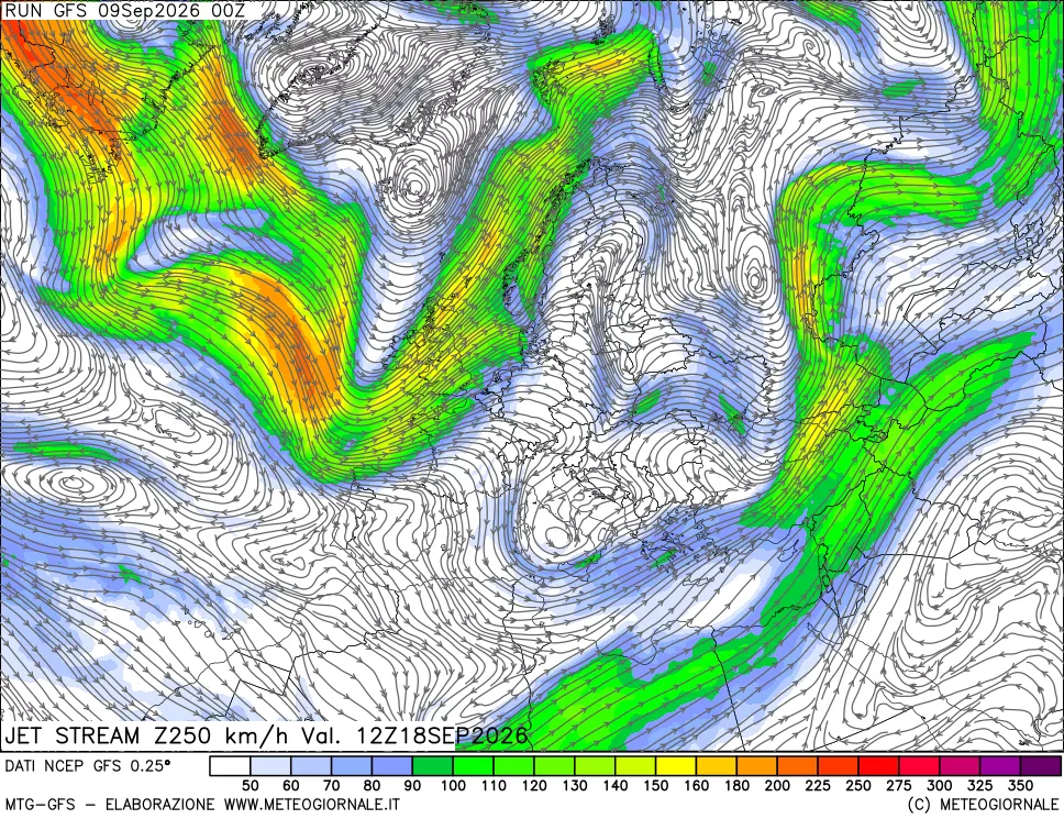 mappa 250 hPa Jet stream