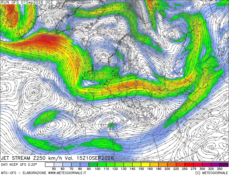 mappa 250 hPa Jet stream