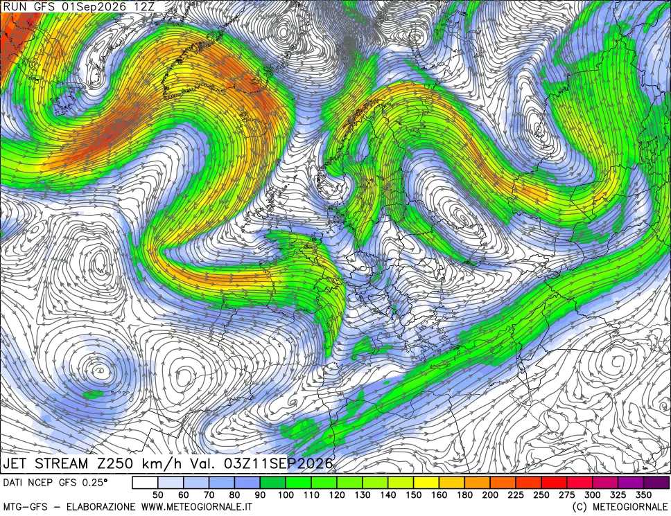 mappa 250 hPa Jet stream