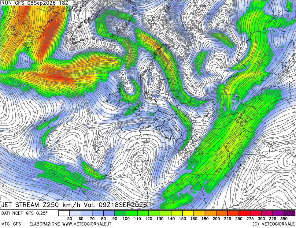 mappa 250 hPa Jet stream