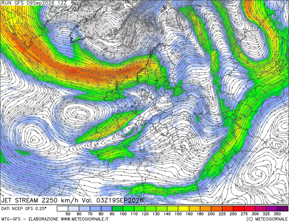 mappa 250 hPa Jet stream