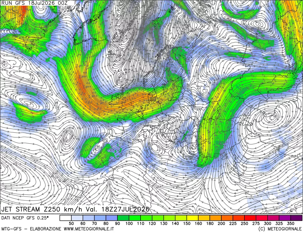 mappa 250 hPa Jet stream