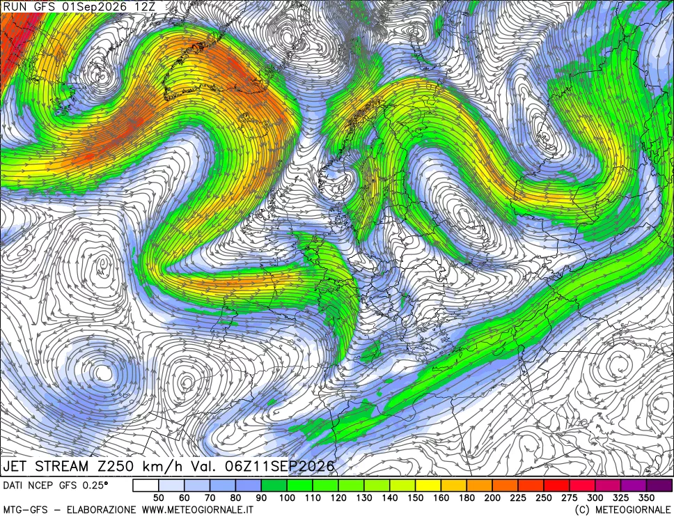mappa 250 hPa Jet stream