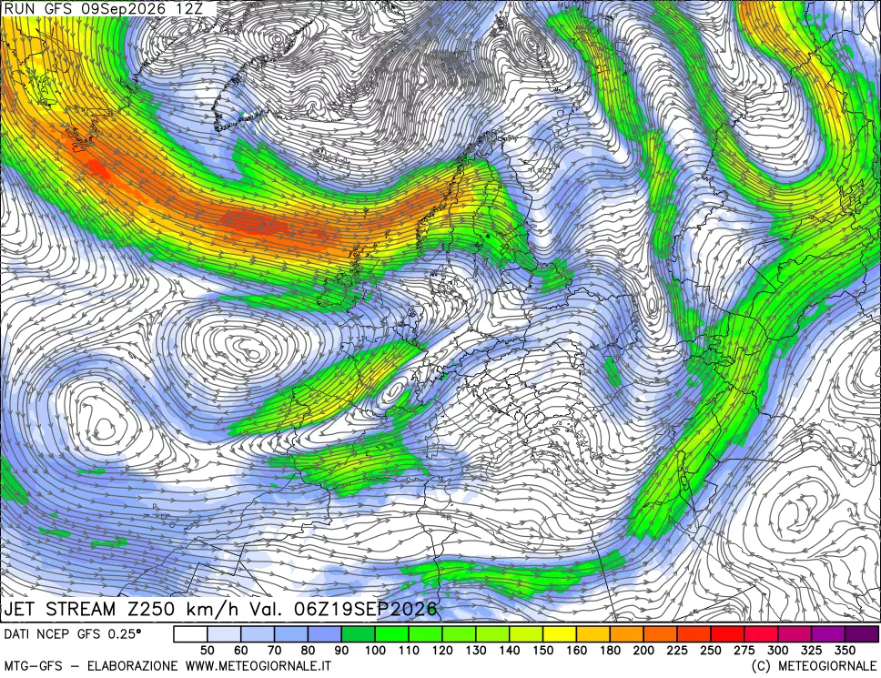 mappa 250 hPa Jet stream