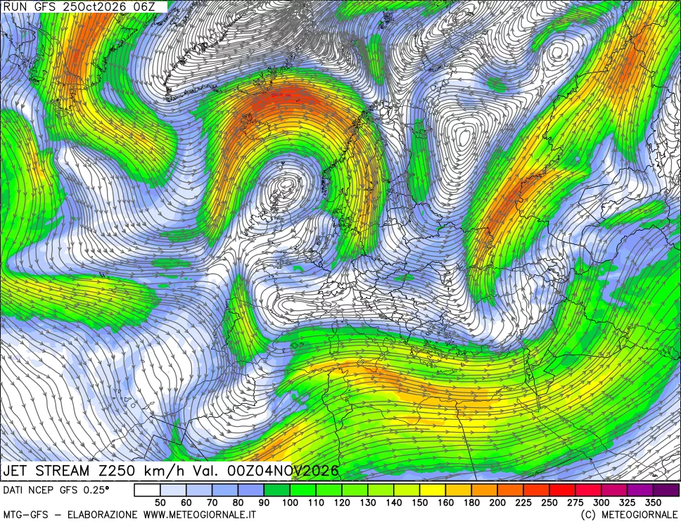 mappa 250 hPa Jet stream
