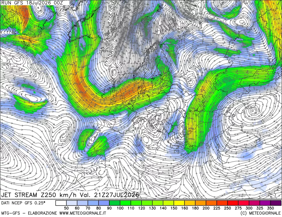 mappa 250 hPa Jet stream