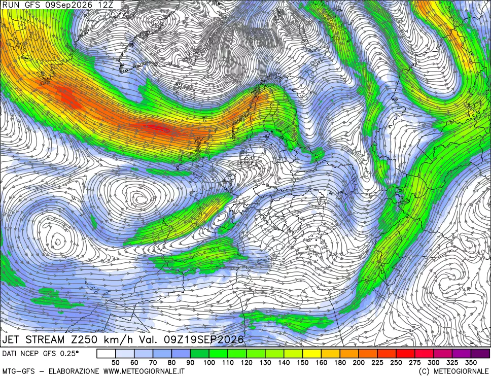 mappa 250 hPa Jet stream