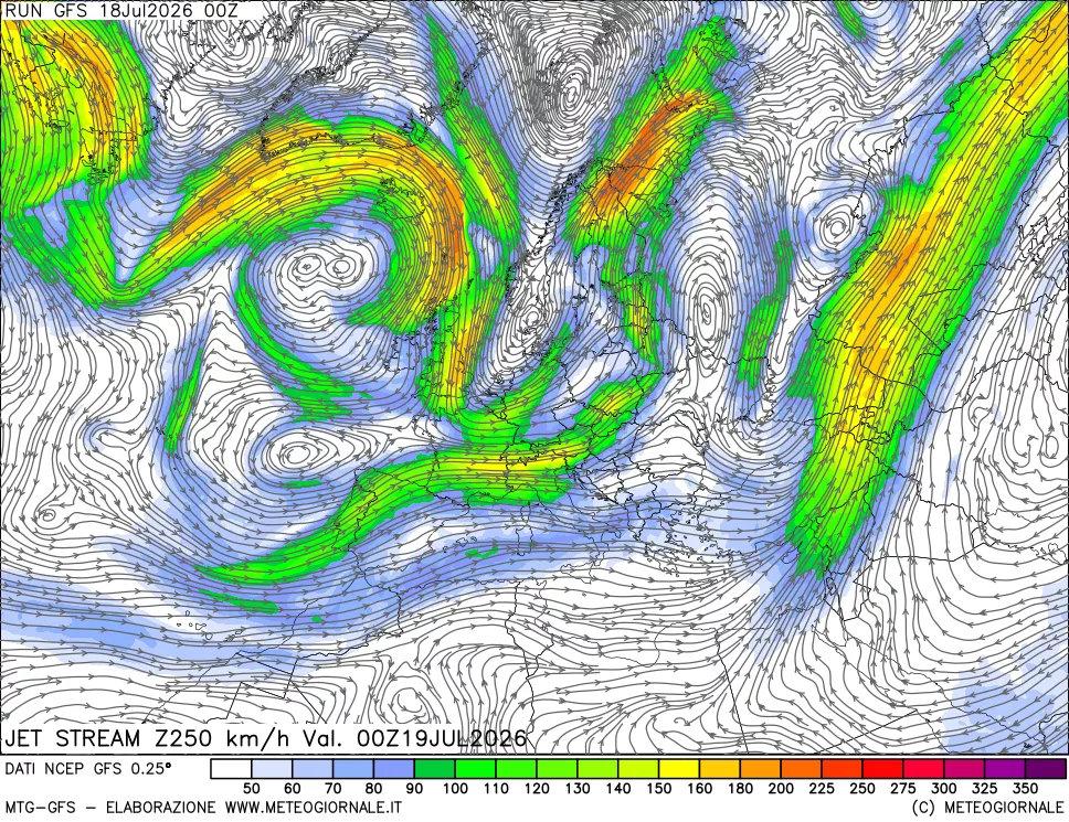 mappa 250 hPa Jet stream