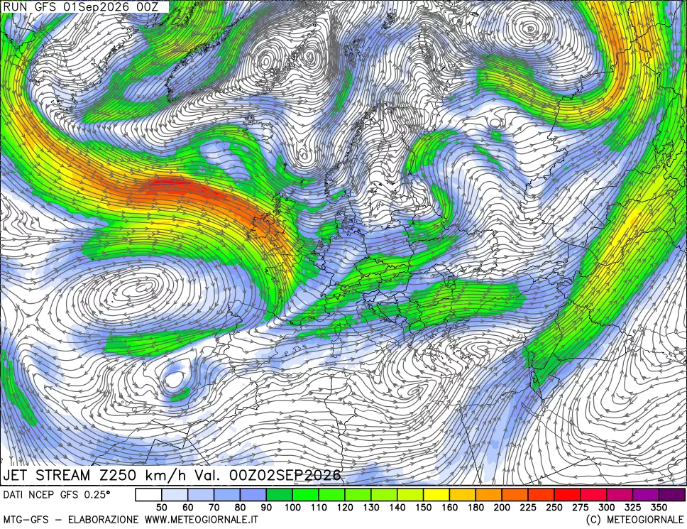 mappa 250 hPa Jet stream