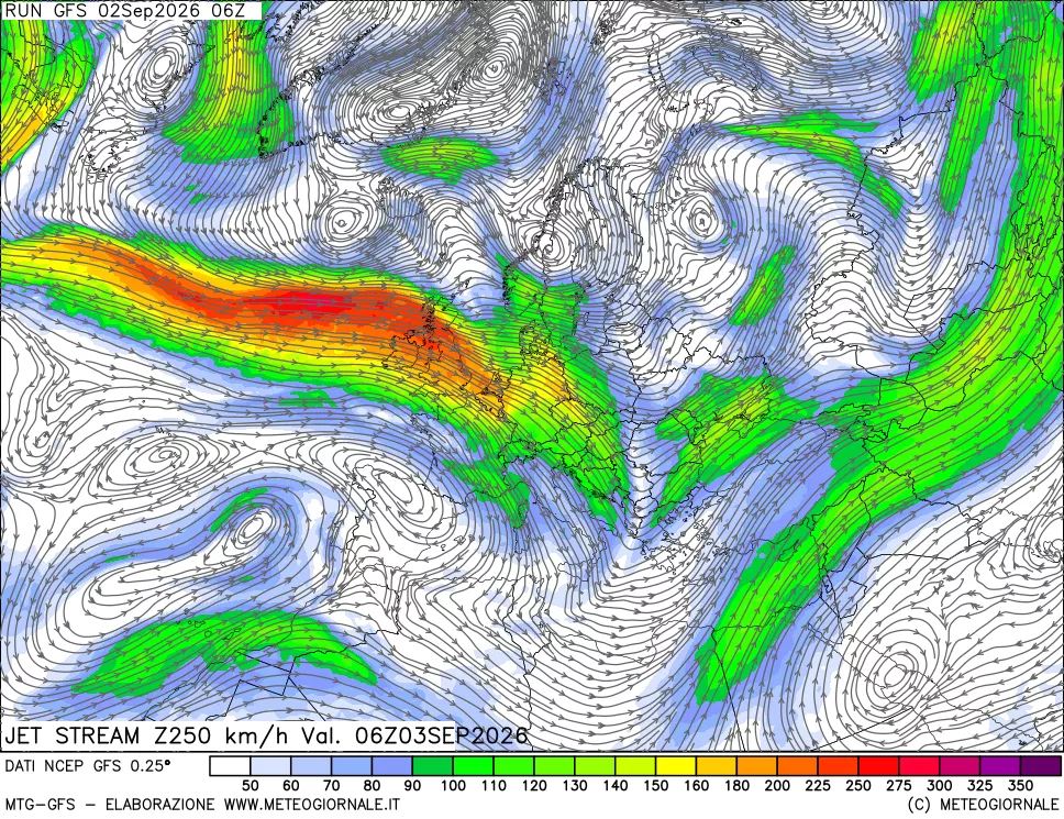 mappa 250 hPa Jet stream