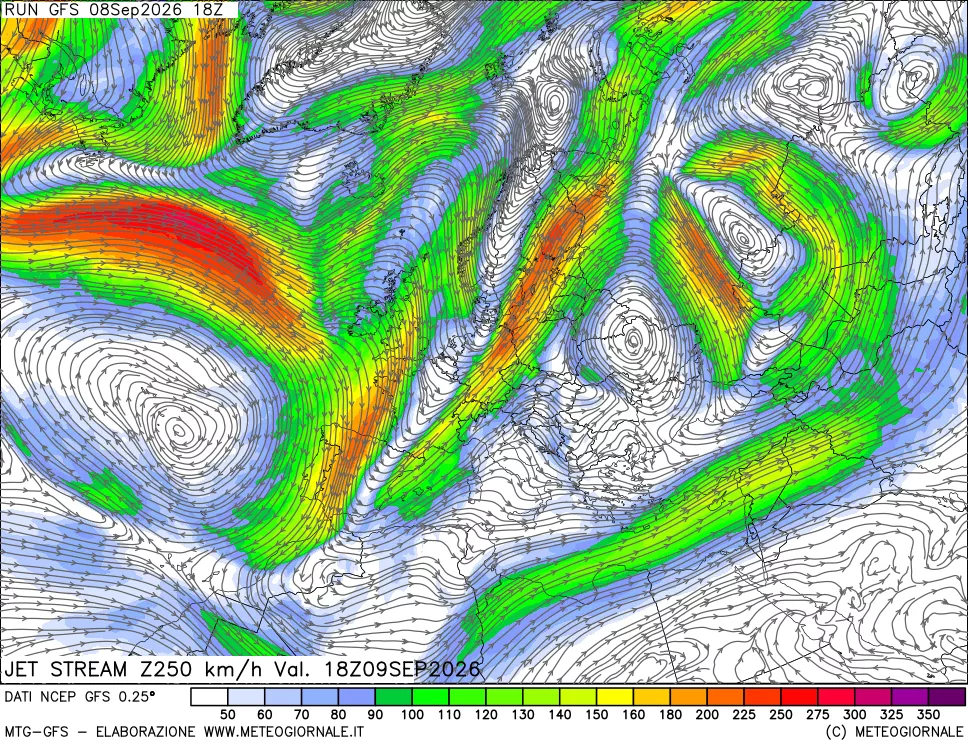 mappa 250 hPa Jet stream
