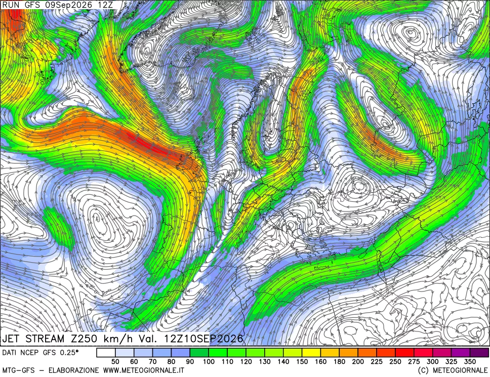 mappa 250 hPa Jet stream