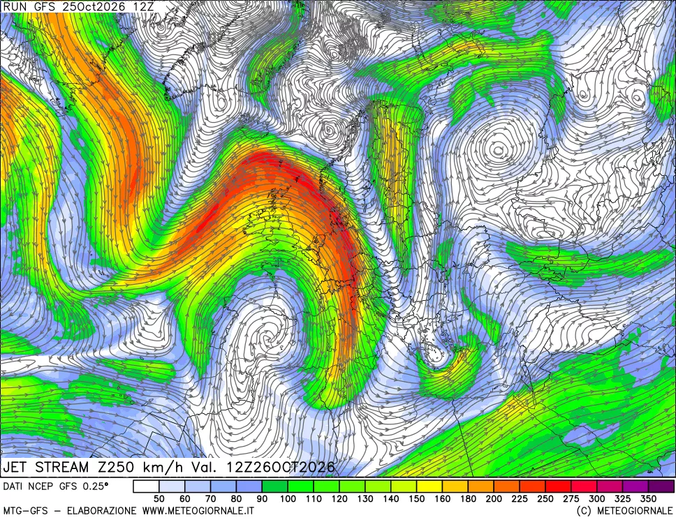 mappa 250 hPa Jet stream