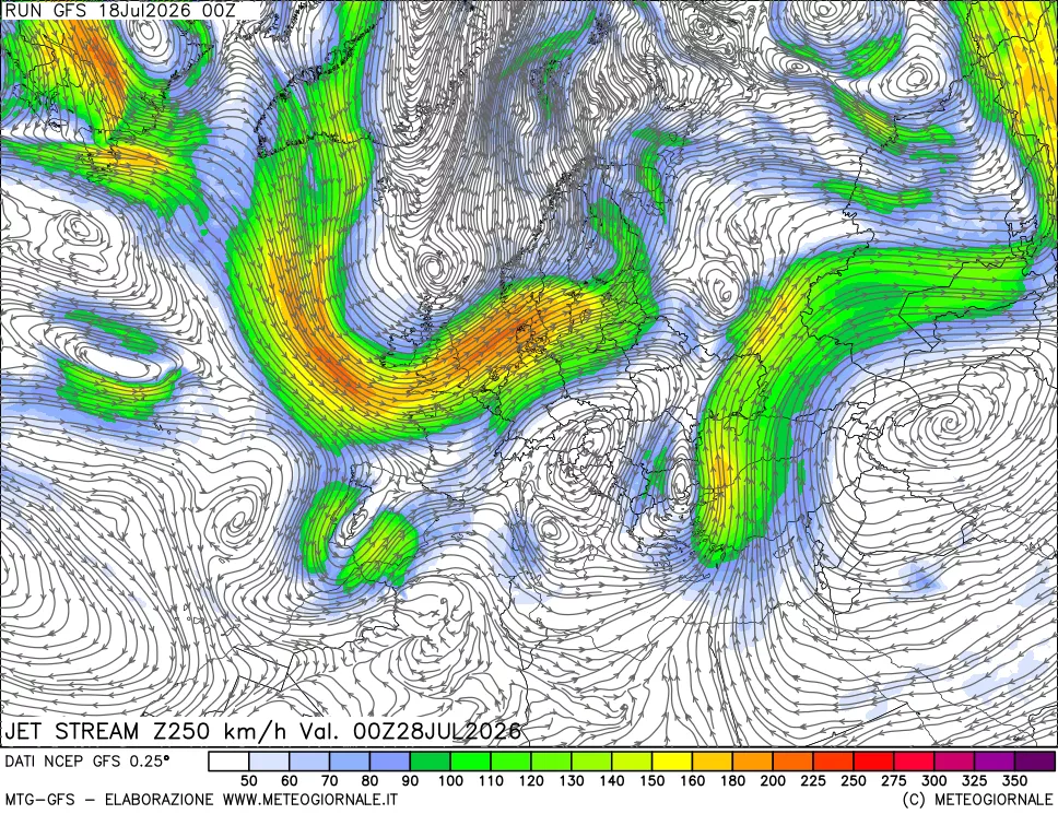mappa 250 hPa Jet stream