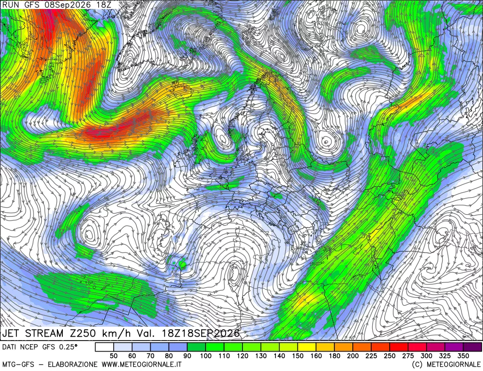 mappa 250 hPa Jet stream