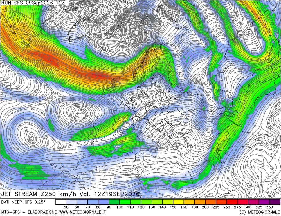 mappa 250 hPa Jet stream