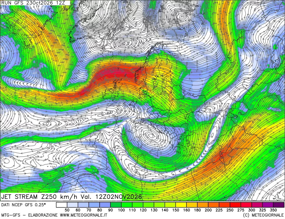 mappa 250 hPa Jet stream