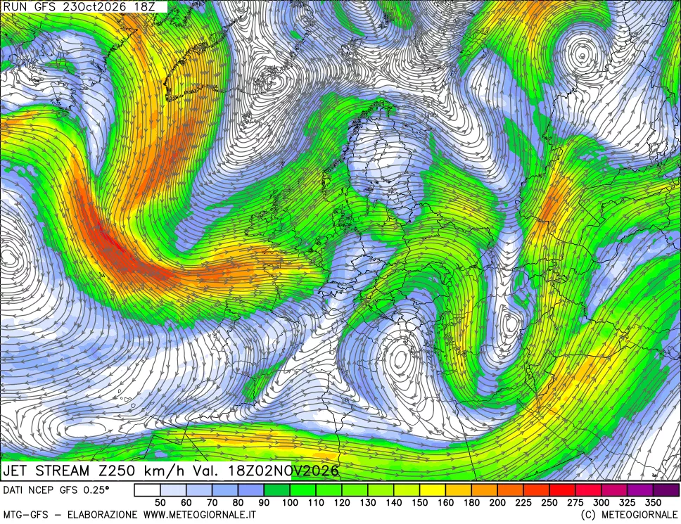 mappa 250 hPa Jet stream
