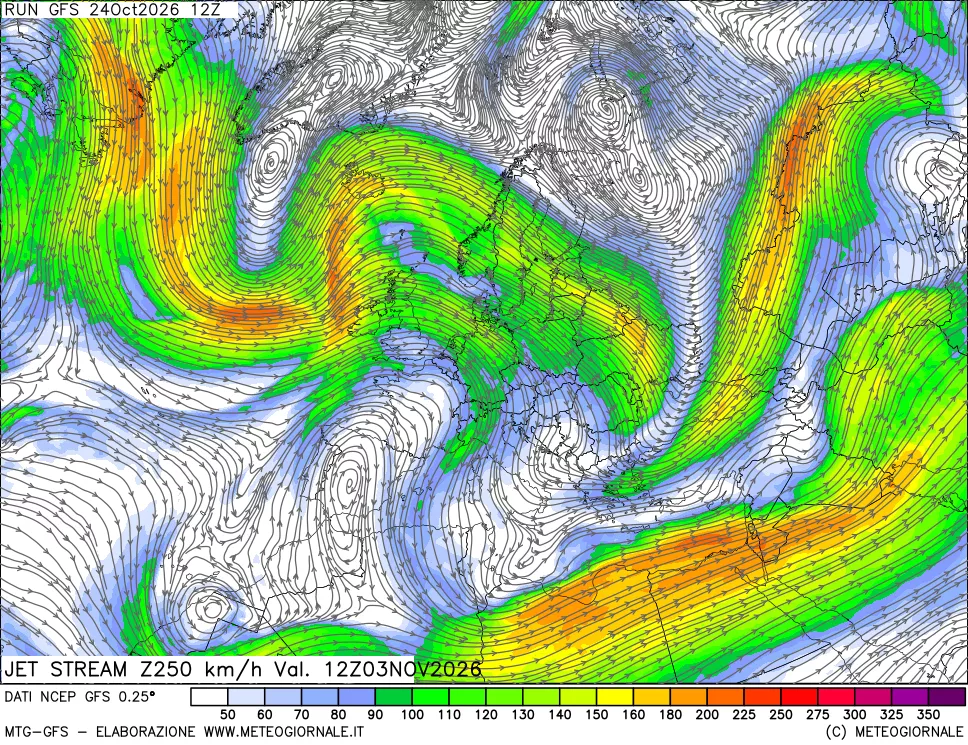 mappa 250 hPa Jet stream